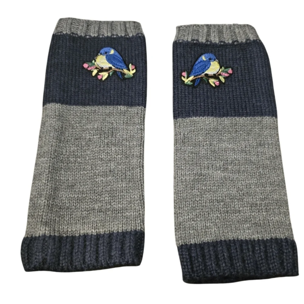 Boho Blue and Gray Striped Embroidered Bird Fingerless Gloves NWOT
